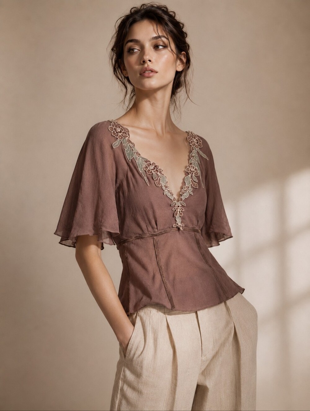 ❤ CATHERINE MALANDRINO SILK / WOOL EMBROIDERED TOP / BLOUSE, SMALL